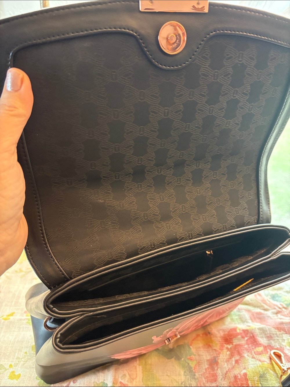 Ted Baker Black Satchel with Pink Floral Print and Rose Gold Hardware like new - Picture 8 of 13